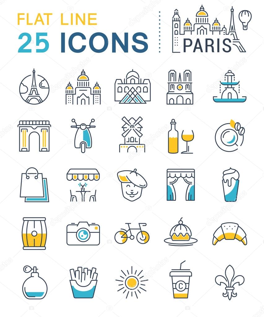 Set vector line icons in flat design Paris and France with elements for mobile concepts and web apps. Collection modern infographic logo and pictogram.