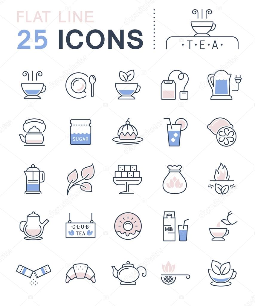 Set vector line icons in flat design tea and breakfast with elements for mobile concepts and web apps. Collection modern infographic logo and pictogram.