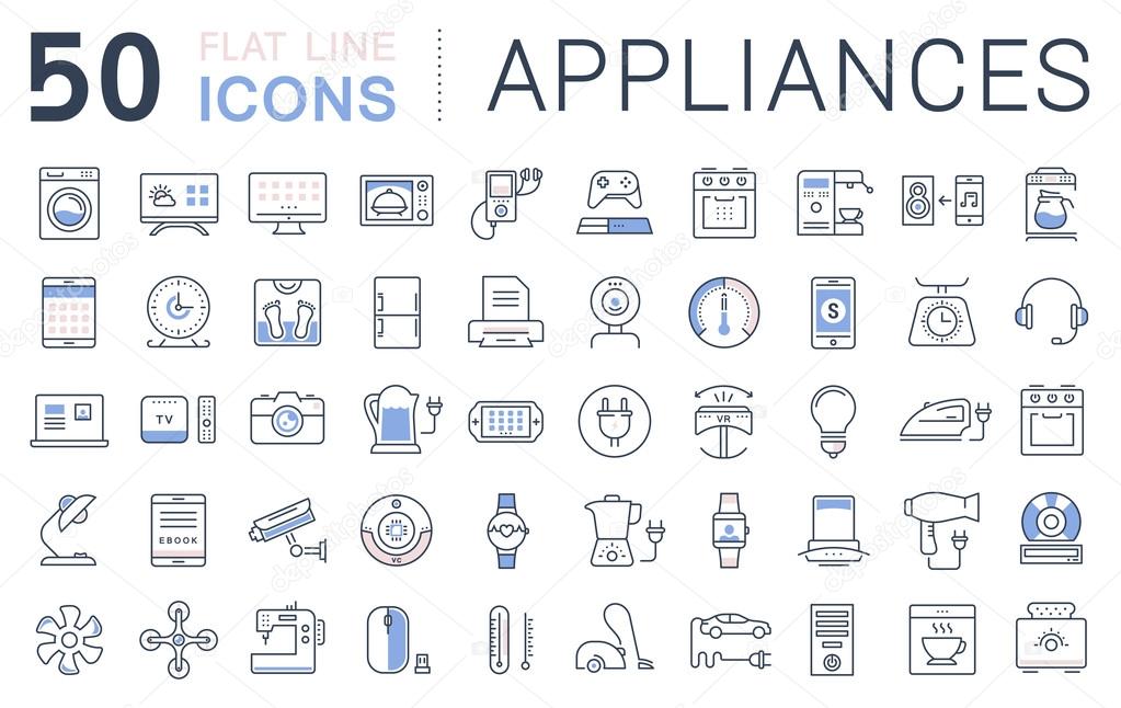 Set vector line icons in flat design appliance, smart devices and gadgets, modern web icons and symbols with elements for mobile concepts and web apps. Collection modern infographic logo and pictogram