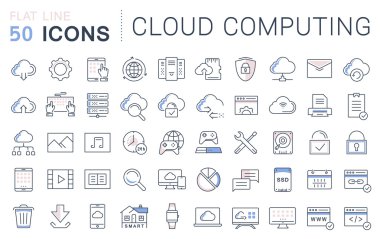 Vektör düz çizgi simgeler bulut servisi ayarla
