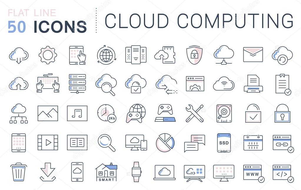 Set vector line icons in flat design with elements cloud computing for mobile concepts and web apps. Collection modern infographic logo and pictogram.