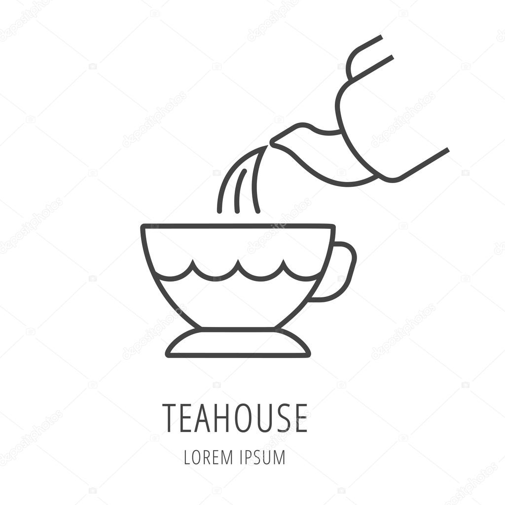 Logo or label teahouse. Line style logotype template with elements for tea. Easy to use business template. Vector abstract logo or emblem.