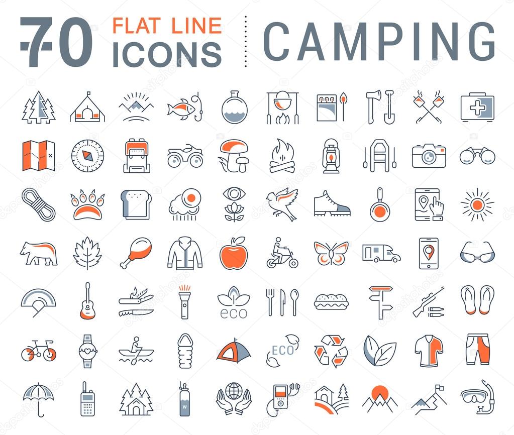 Set vector line icons in flat design camping, eco and ecotourism with elements for mobile concepts and web apps. Collection modern infographic logo and pictogram.