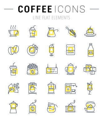 Vektör düz çizgi simgeler kahve ayarla