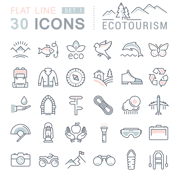 Set Vector Flat Line Iconos Ecoturismo — Archivo Imágenes Vectoriales