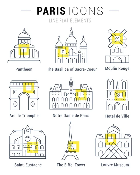 Set Vector Flat Line Iconos Paris Architecture — Vector de stock