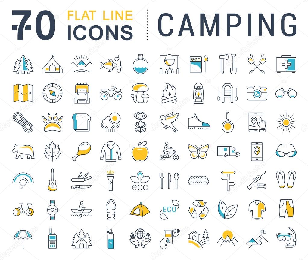Set vector line icons in flat design camping, eco and ecotourism with elements for mobile concepts and web apps. Collection modern infographic logo and pictogram.