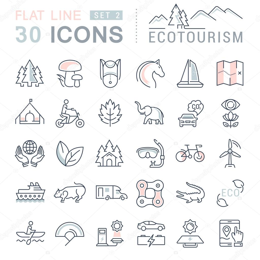Set vector line icons in flat design eco, ecotourism and recycle with elements for mobile concepts and web apps. Collection modern infographic logo and pictogram.
