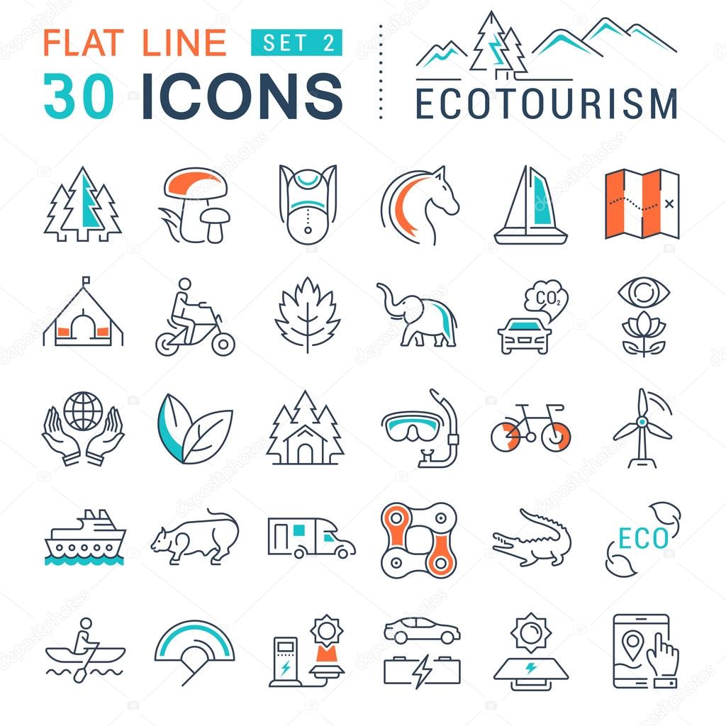 Set vector line icons in flat design eco, ecotourism and recycle with elements for mobile concepts and web apps. Collection modern infographic logo and pictogram.