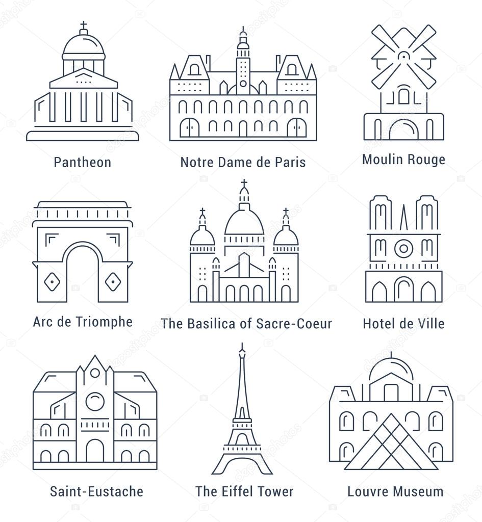 Set vector line icons in flat design Paris architecture and France building with elements for mobile concepts and web apps. Collection modern infographic logo and pictogram.