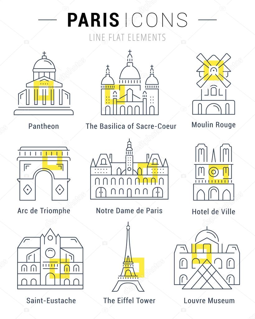 Set vector line icons in flat design Paris architecture and France building with elements for mobile concepts and web apps. Collection modern infographic logo and pictogram.
