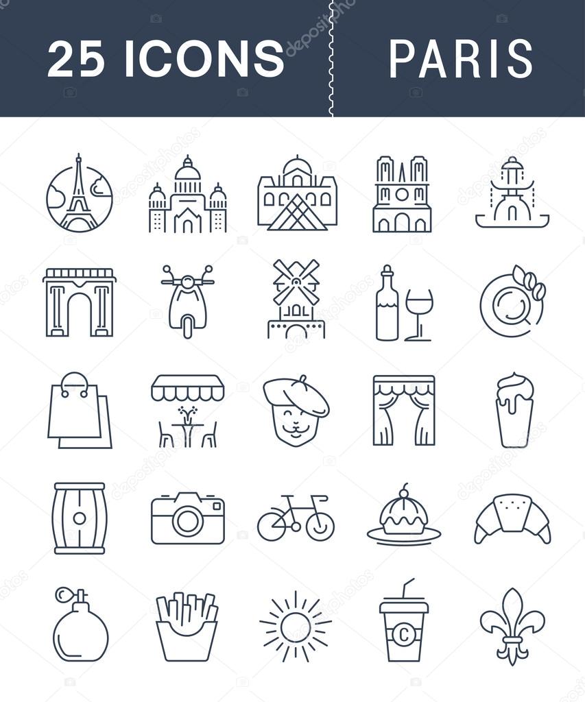 Set vector line icons in flat design Paris and France with elements for mobile concepts and web apps. Collection modern infographic logo and pictogram.
