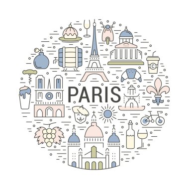 Vektör düz çizgi afiş Paris ve Fransa