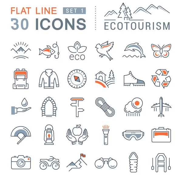 Set Vector Flat Line Iconos Ecoturismo — Archivo Imágenes Vectoriales