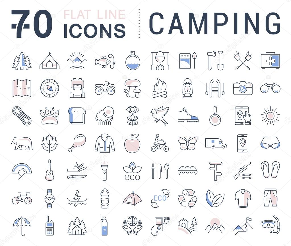 Set vector line icons in flat design camping, eco and ecotourism with elements for mobile concepts and web apps. Collection modern infographic logo and pictogram.