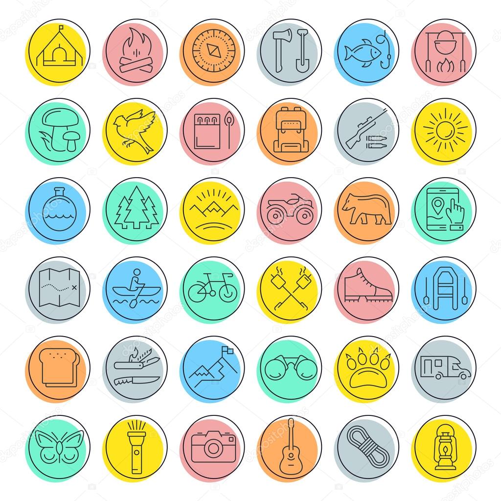 Set vector line icons in flat design camping, eco and ecotourism with elements for mobile concepts and web apps. Collection modern infographic logo and pictogram.