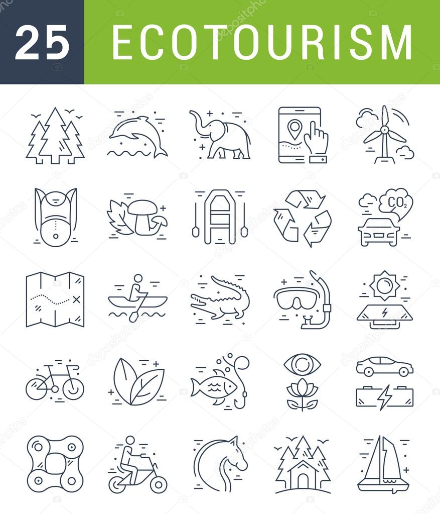 Set vector line icons in flat design eco, ecotourism and recycle with elements for mobile concepts and web apps. Collection modern infographic logo and pictogram.