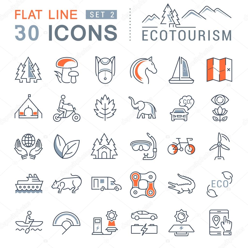 Set vector line icons in flat design eco, ecotourism and recycle with elements for mobile concepts and web apps. Collection modern infographic logo and pictogram.