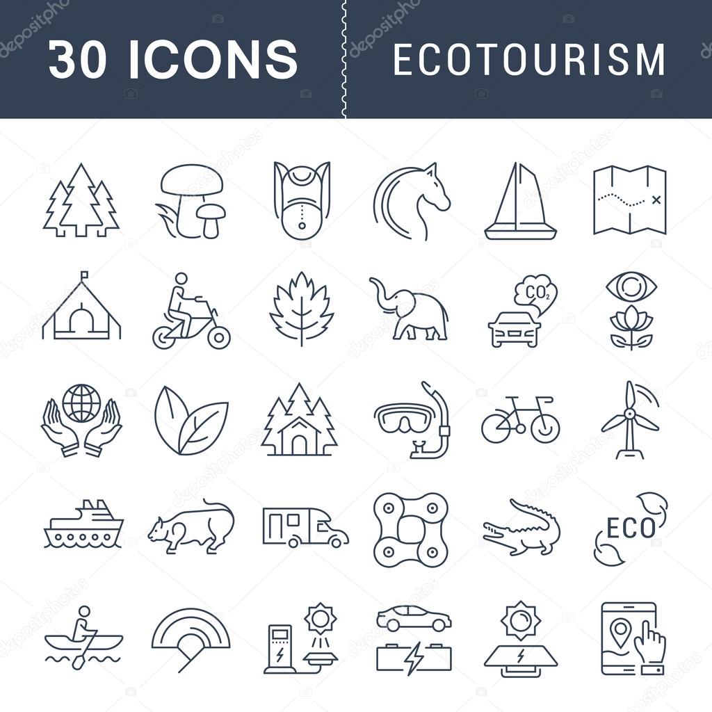 Set vector line icons in flat design eco, ecotourism and recycle with elements for mobile concepts and web apps. Collection modern infographic logo and pictogram.