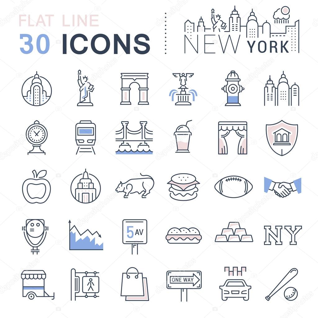Set vector line icons in flat design New York, USA and tourism with elements for mobile concepts and web apps. Collection modern infographic logo and sign.