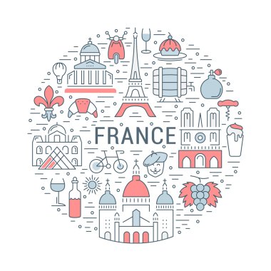 Vektör düz çizgi afiş Paris ve Fransa