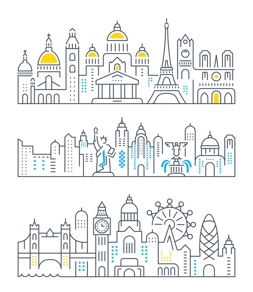 Set Vektor Line Banner Paris, London und New York — Stockvektor