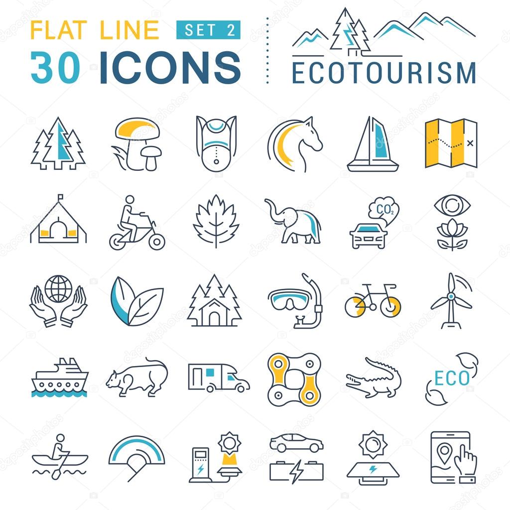 Set vector line icons in flat design eco, ecotourism and recycle with elements for mobile concepts and web apps. Collection modern infographic logo and pictogram.