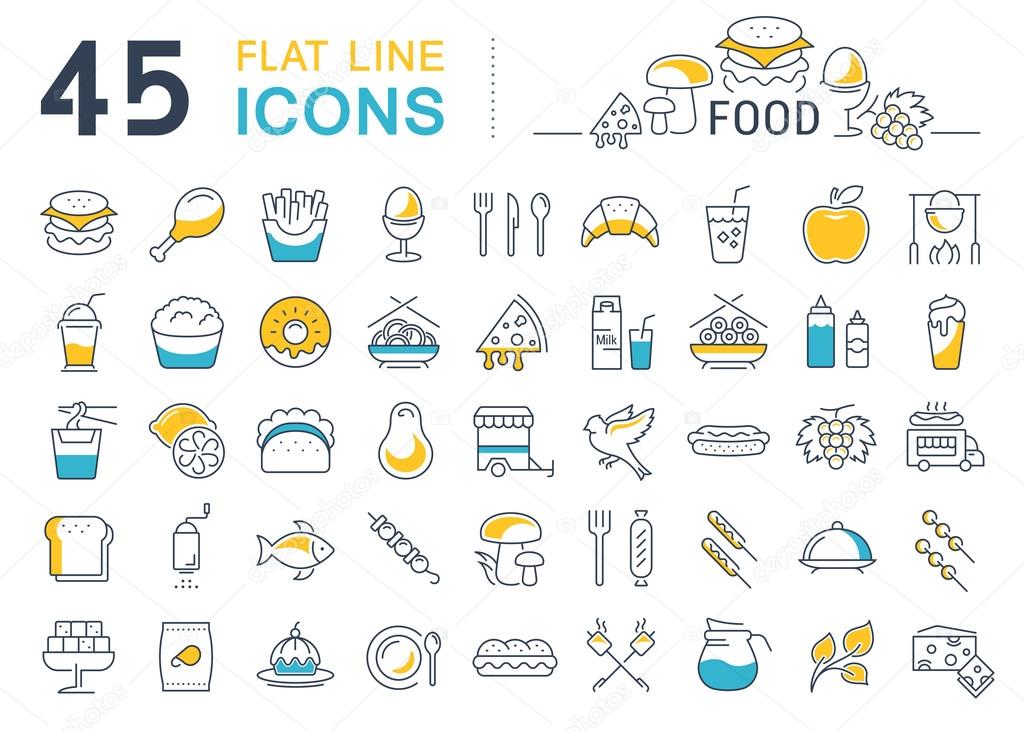 Set vector line icons meal and fast food in flat design with elements for mobile concepts and web. Collection modern infographic logo and pictogram.