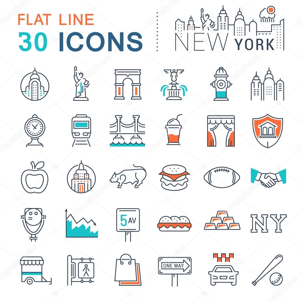 Set vector line icons in flat design New York and USA with elements for mobile concepts and web apps. Collection modern infographic logo and pictogram.
