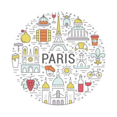 Vektör düz çizgi afiş Paris ve Fransa