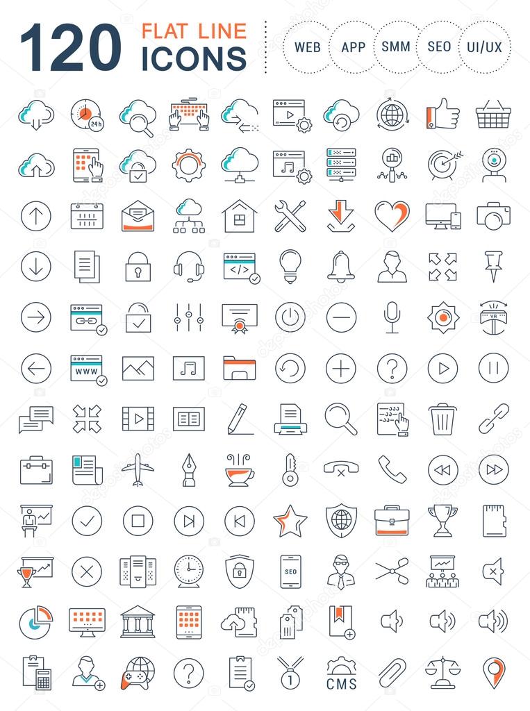Set vector line icons in flat design smm, cms, seo and ui, ux design with elements for mobile concepts and web apps. Collection modern infographic logo and pictogram.