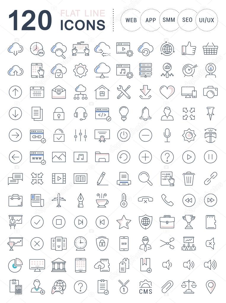 Set vector line icons in flat design smm, cms, seo and ui, ux design with elements for mobile concepts and web apps. Collection modern infographic logo and pictogram.