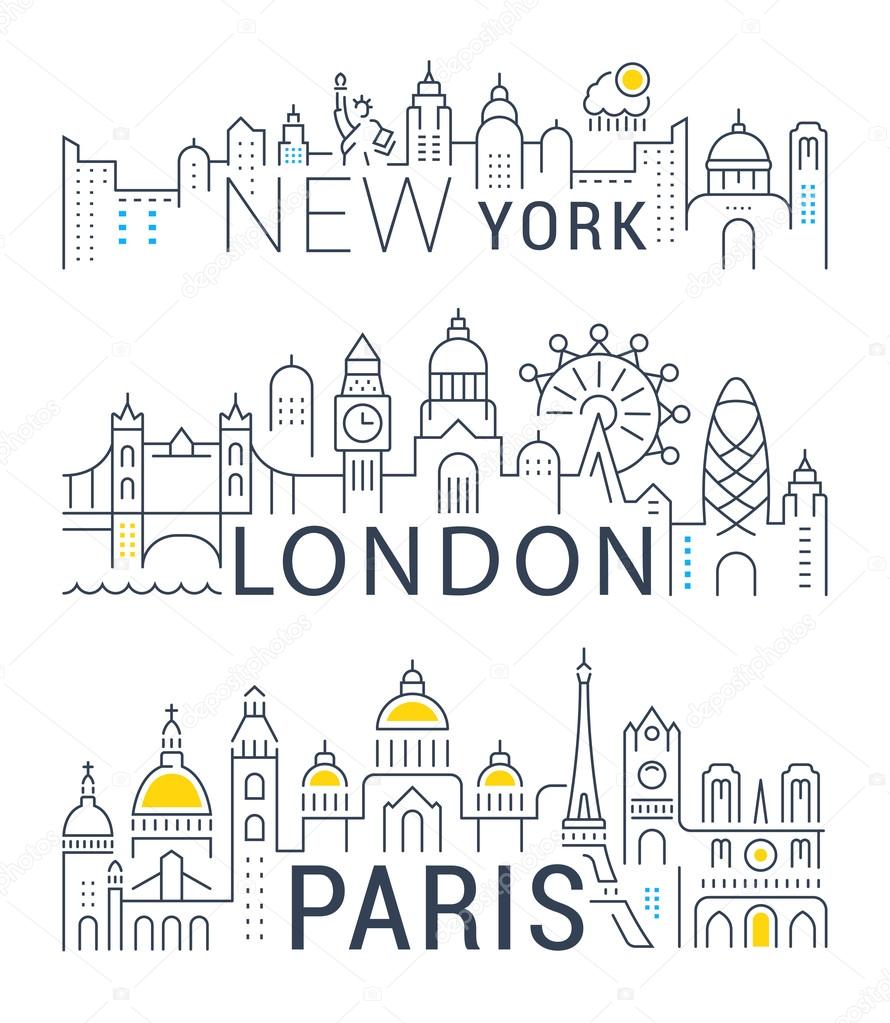 Set of flat line vector banners on the theme Paris, London, New York. Template for travel, adventure, vacation. Modern flat design. Trip vector logo