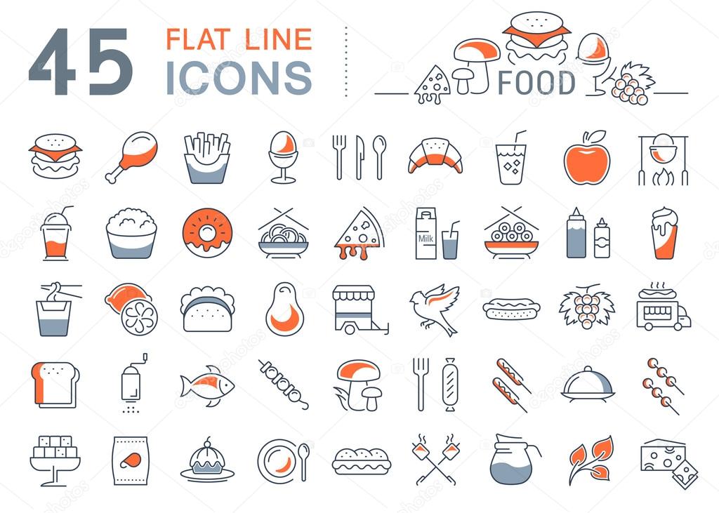 Set vector line icons meal and fast food in flat design with elements for mobile concepts and web. Collection modern infographic logo and pictogram.