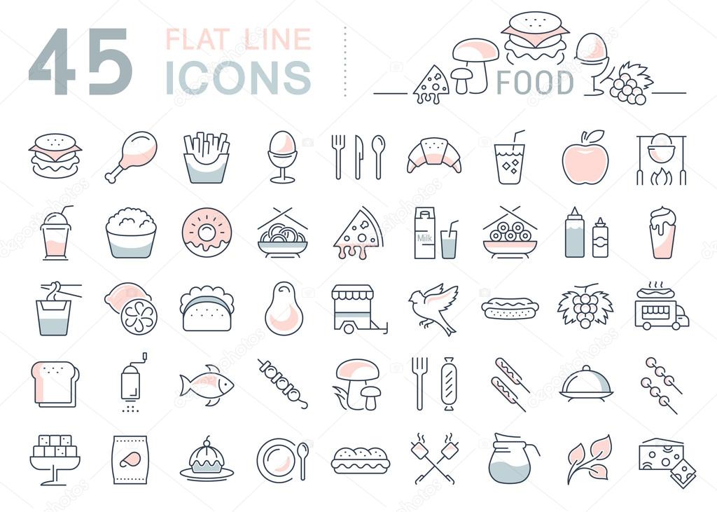 Set vector line icons meal and fast food in flat design with elements for mobile concepts and web. Collection modern infographic logo and pictogram.