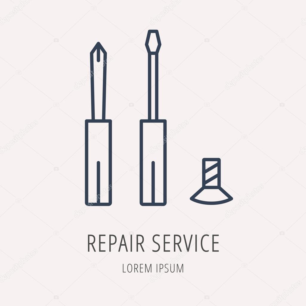 Logo or label PC upgrading. Line style logotype template with repair service. Easy to use business template. Vector abstract emblem.