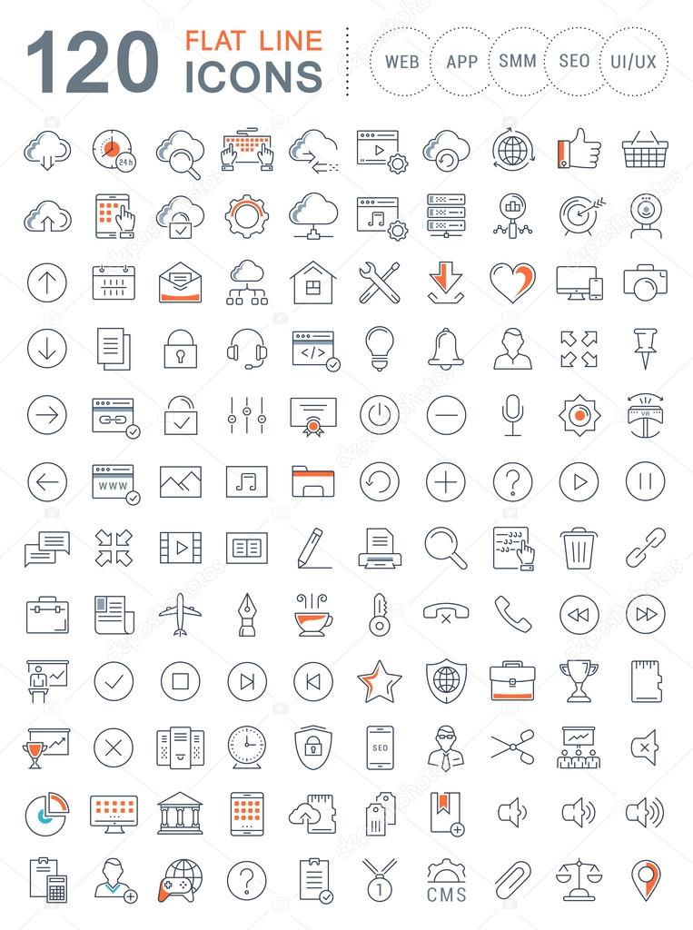 Set vector line icons in flat design smm, cms, seo and ui, ux design with elements for mobile concepts and web apps. Collection modern infographic logo and pictogram.