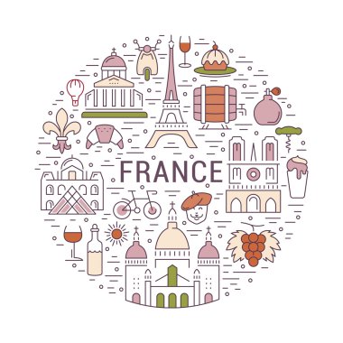 Vektör düz çizgi afiş Paris ve Fransa