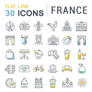 Vektör düz çizgi Icons Set Fransa ve Paris