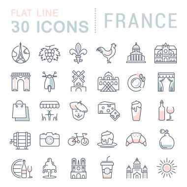 Vektör düz çizgi Icons Set Fransa ve Paris