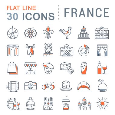 Vektör düz çizgi Icons Set Fransa ve Paris