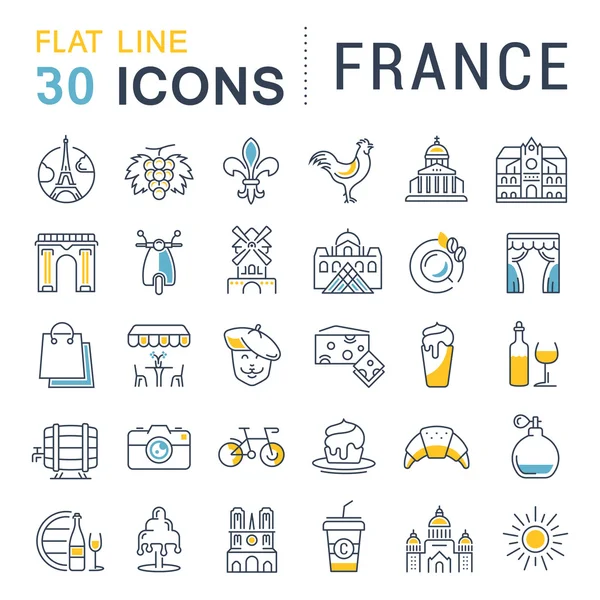 Set Vector Flat Line Iconos Francia y París — Vector de stock