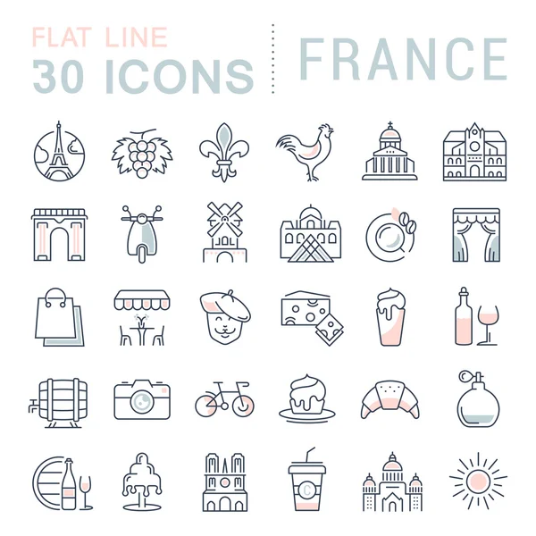 Set Vector Flat Line Iconos Francia y París — Vector de stock