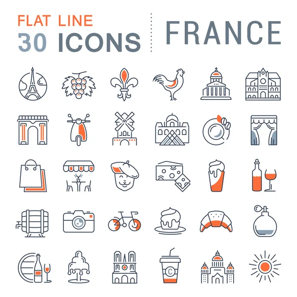 Set Vector Flat Line Iconos Francia y París — Vector de stock