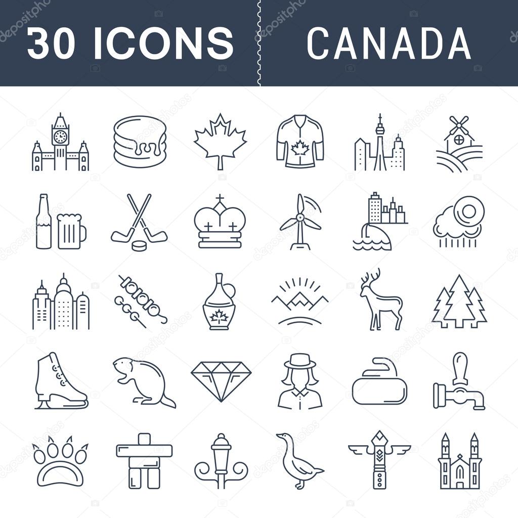 Set vector line icons in flat design Canada, North America and architecture with elements for mobile concepts and web apps. Collection modern infographic logo and pictogram.