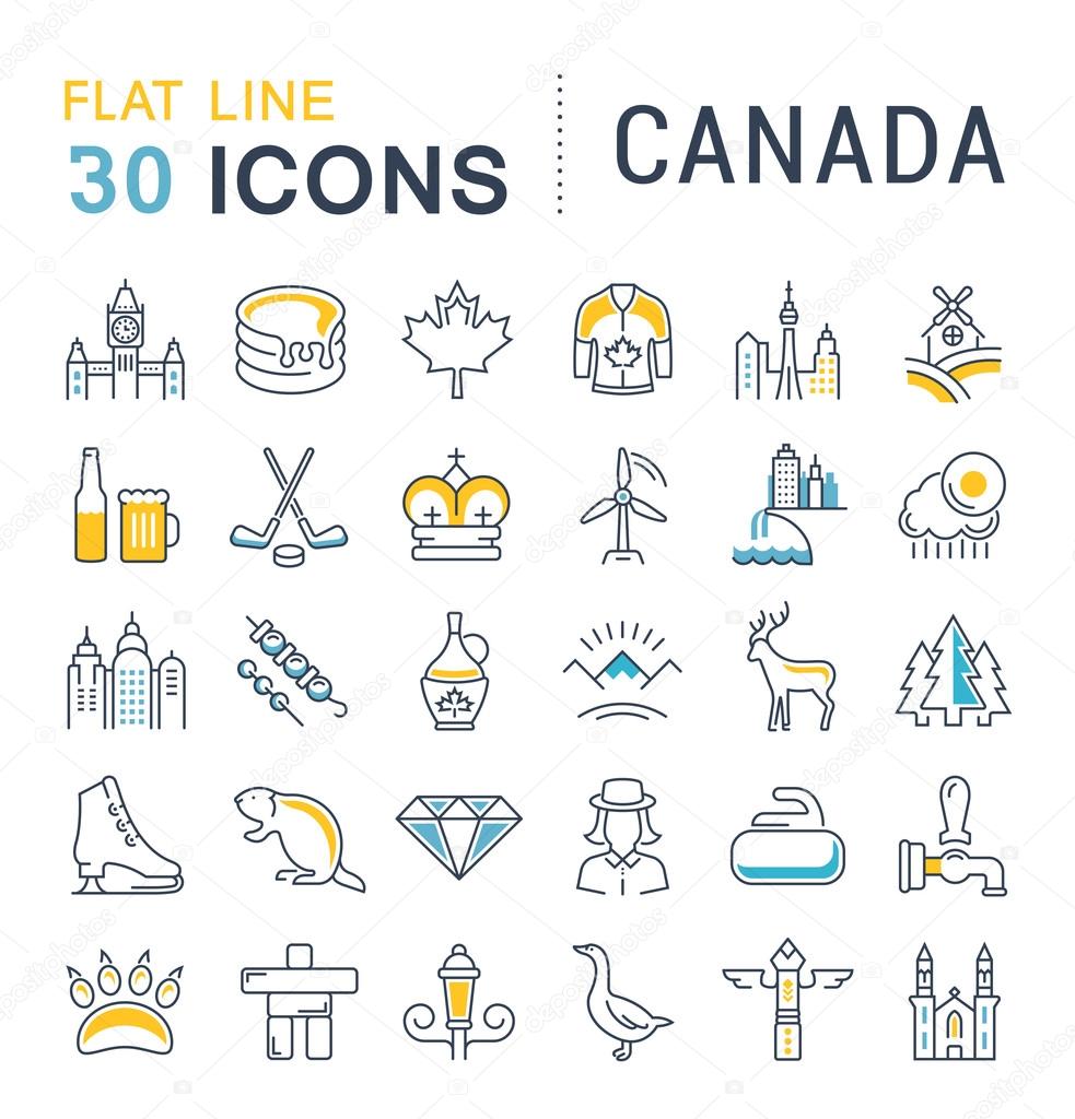 Set vector line icons in flat design Canada, North America and architecture with elements for mobile concepts and web apps. Collection modern infographic logo and pictogram.