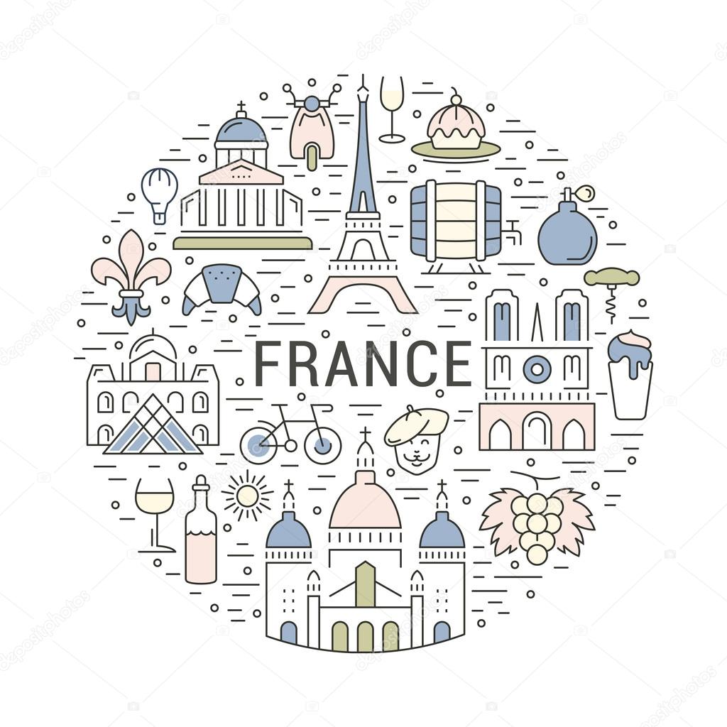 France and Paris City concept. Symbols isolated on background. Web banner with scooter, wine, architecture, cycle, and culture thing. Vector label or emblem.