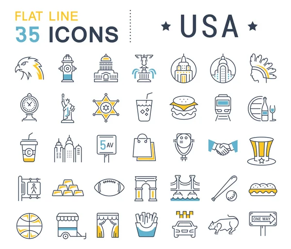 Set Vector Flat Line Iconos Estados Unidos y América — Archivo Imágenes Vectoriales