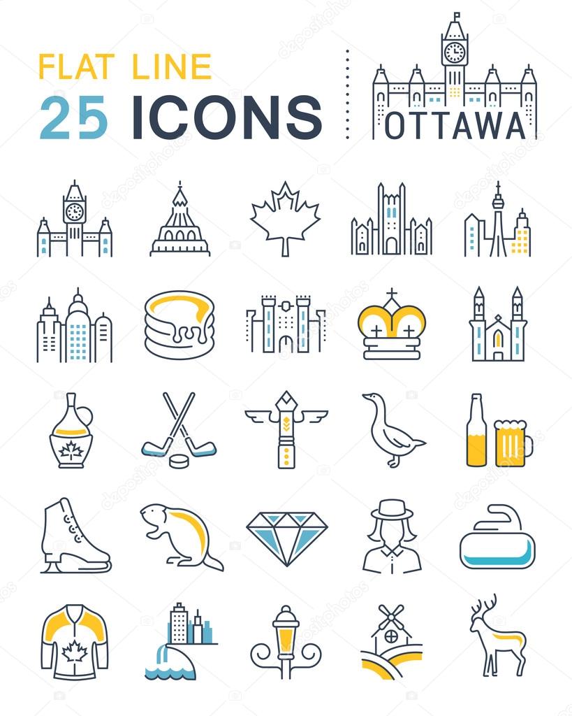 Set vector line icons in flat design Ottawa, Canada and North America with elements for mobile concepts and web apps. Collection modern infographic logo and pictogram