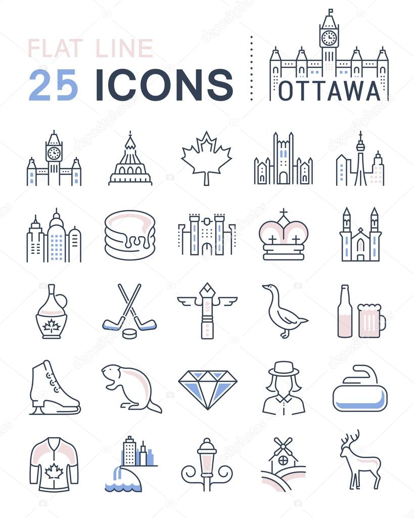 Set vector line icons in flat design Ottawa, Canada and North America with elements for mobile concepts and web apps. Collection modern infographic logo and pictogram